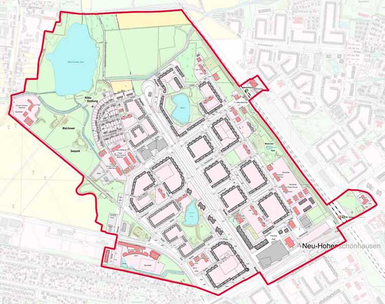 Übersichtskarte eines Stadtgebiets mit rot markierter Grenze, Wohnquartieren, Grünflächen und Seen.